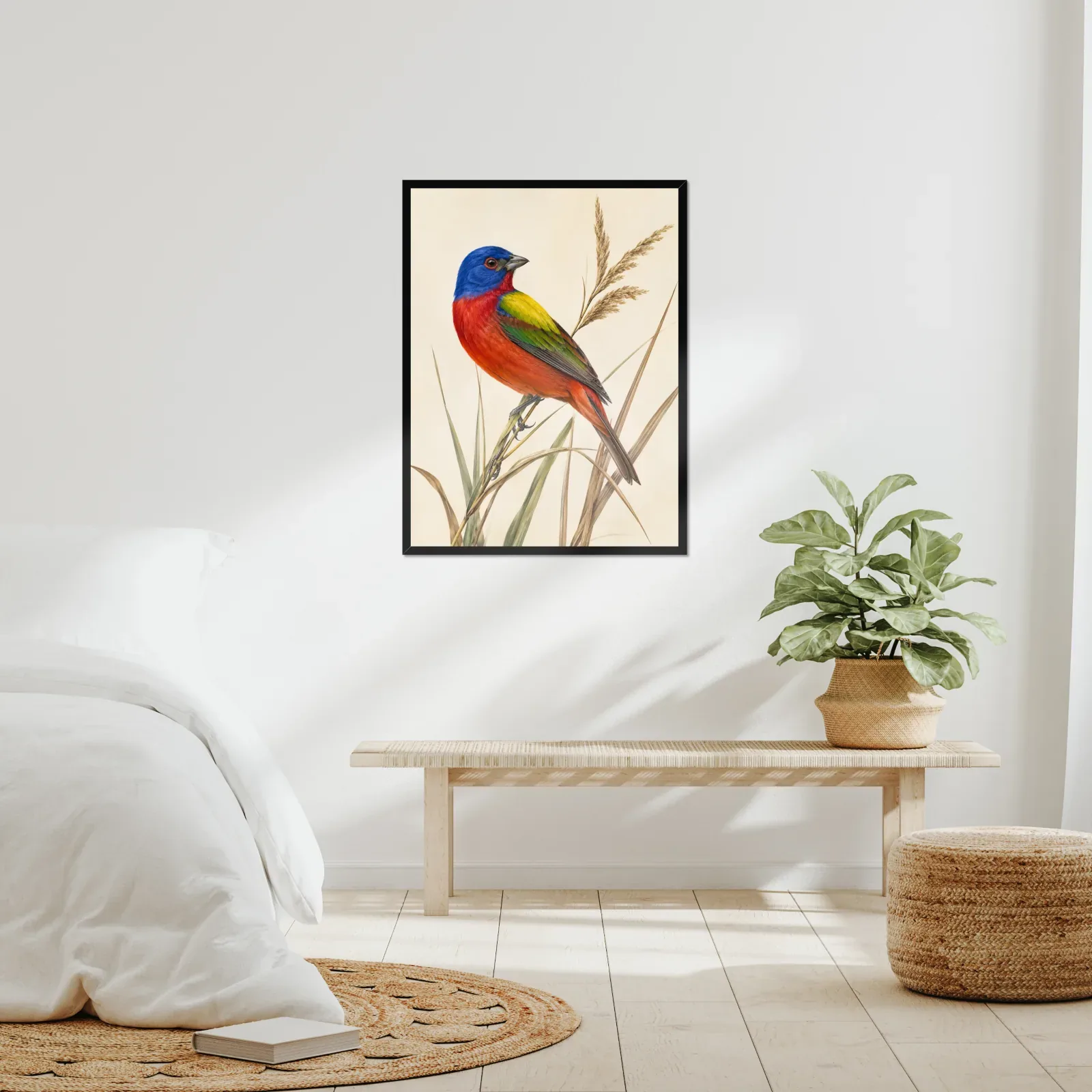 Painted Bunting Print - Colorful Audubon-Inspired Bird Wall Art framed at 24x30 inches, shown on a wall to scale