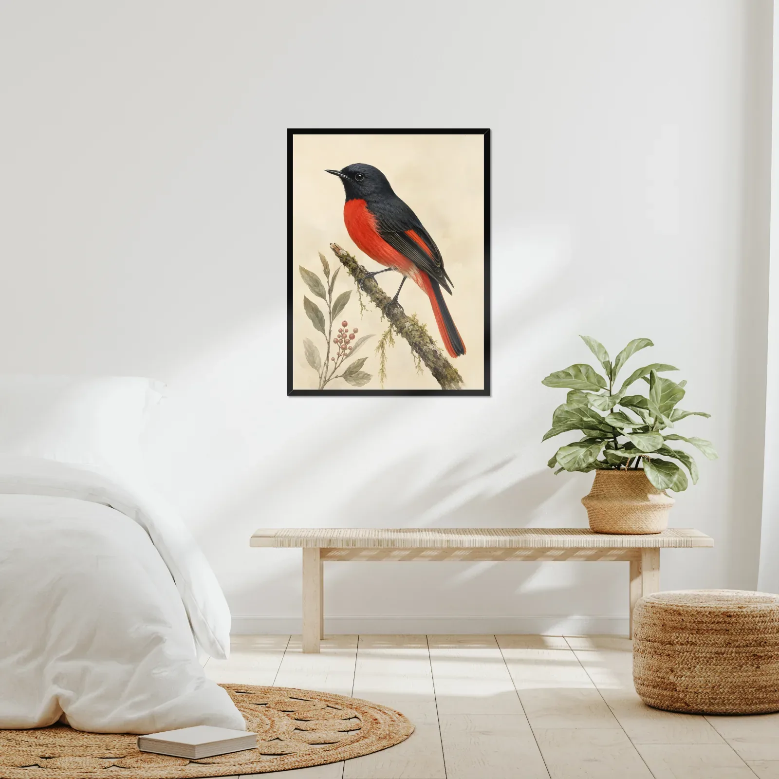Painted Redstart Print framed at 24x30 inches, shown on a wall to scale