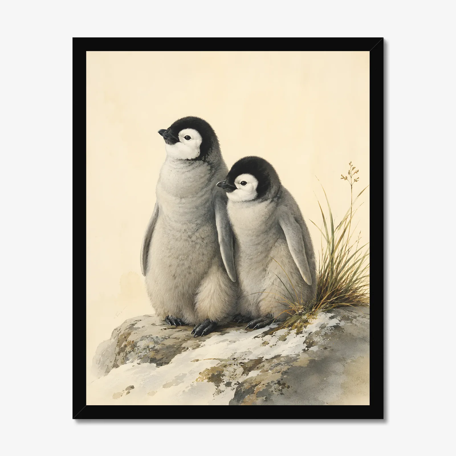 Penguin Chicks Print in a black frame