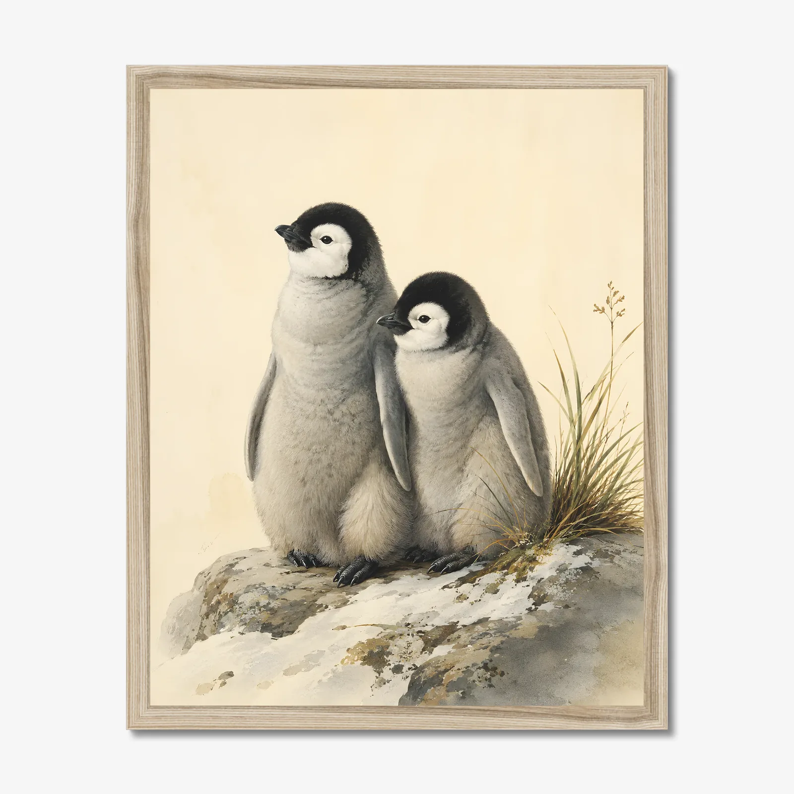 Penguin Chicks Print in a natural frame