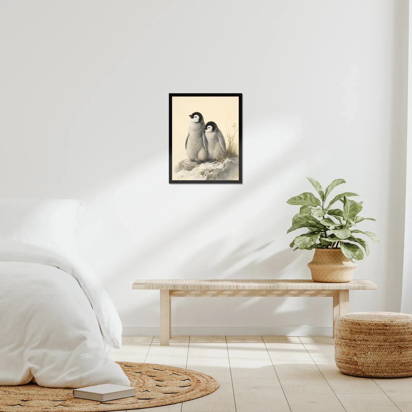 Penguin Chicks Print framed at 16x20 inches, shown on a wall to scale