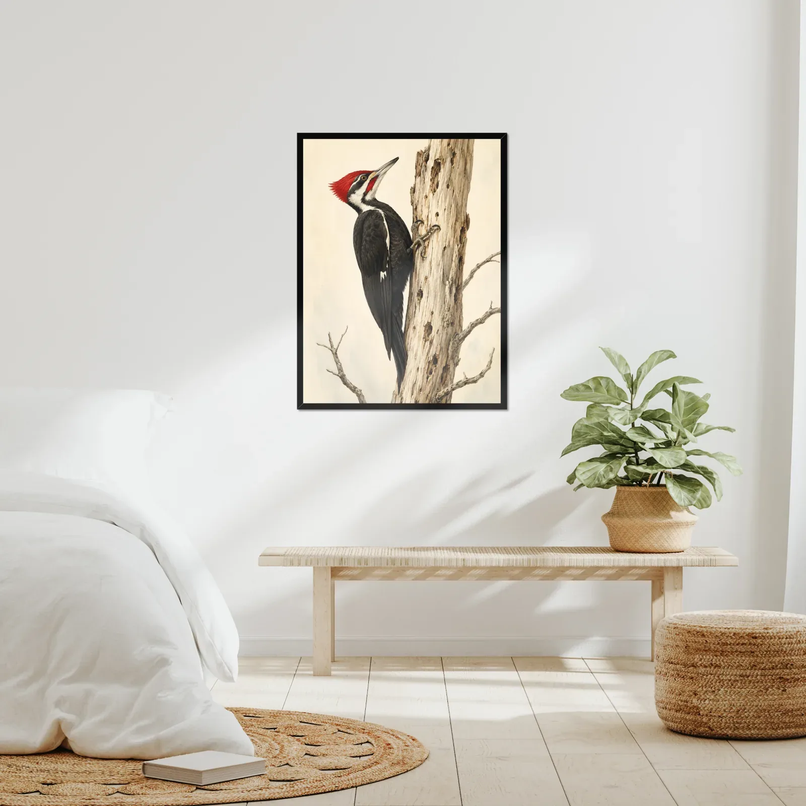 A framed Audubon-style print hung in a real room