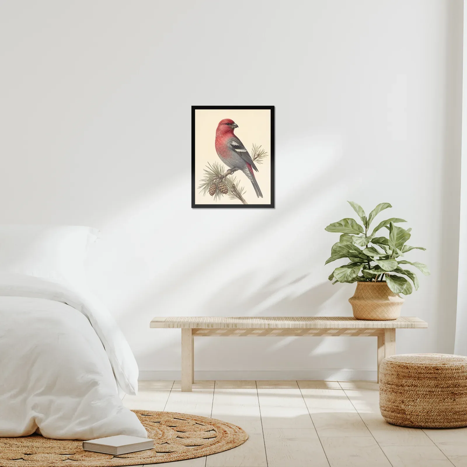 Pine Grosbeak Print framed at 16x20 inches, shown on a wall to scale