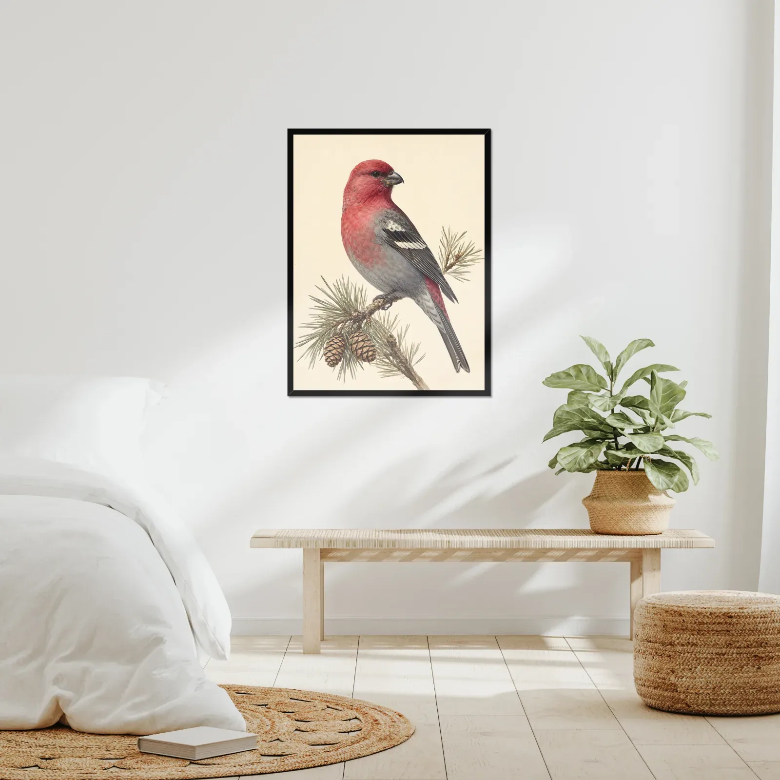 Pine Grosbeak Print framed at 24x30 inches, shown on a wall to scale