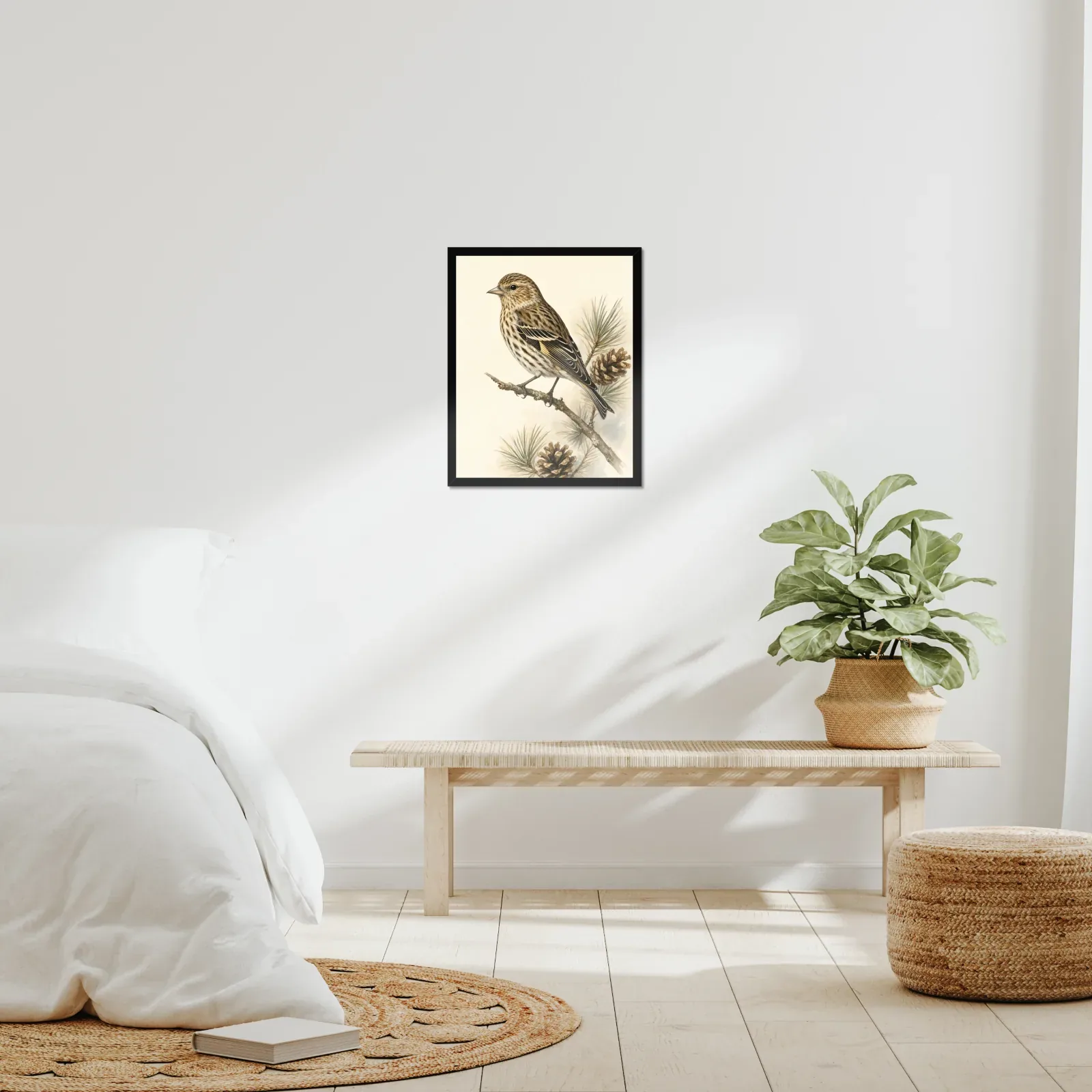 Pine Siskin Print framed at 16x20 inches, shown on a wall to scale