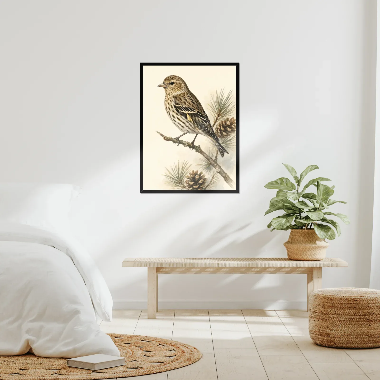 Pine Siskin Print framed at 24x30 inches, shown on a wall to scale