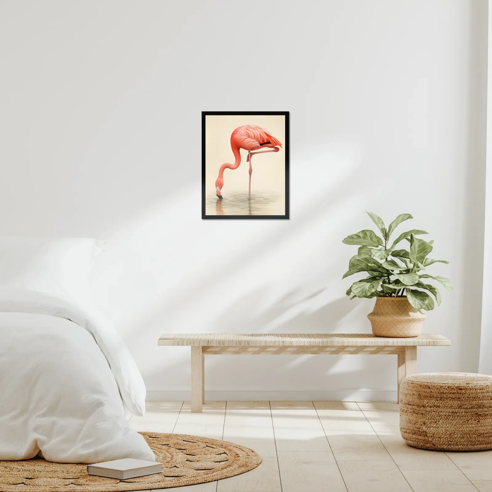 American Flamingo Print framed at 16x20 inches, shown on a wall to scale