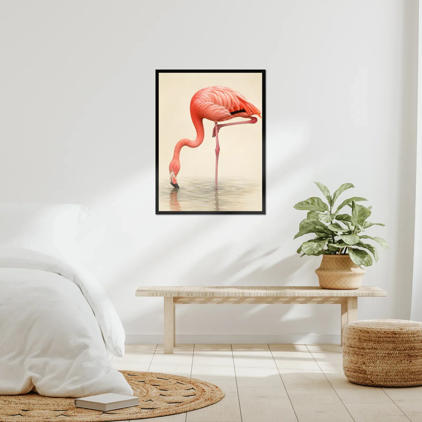American Flamingo Print framed at 24x30 inches, shown on a wall to scale