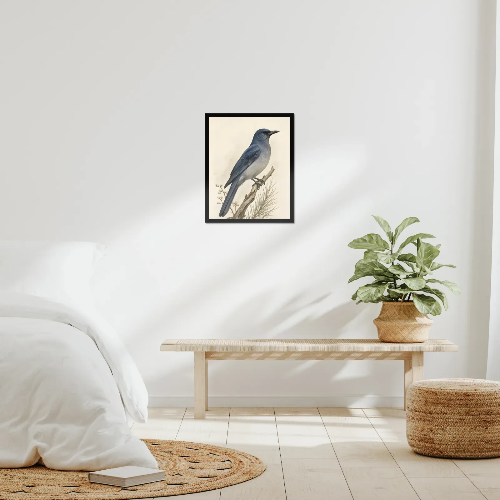 Pinyon Jay Print framed at 16x20 inches, shown on a wall to scale