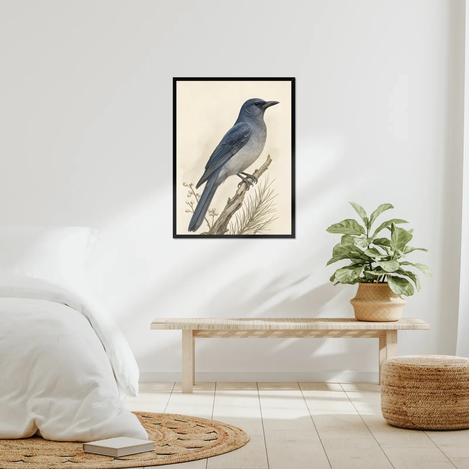 Pinyon Jay Print framed at 24x30 inches, shown on a wall to scale
