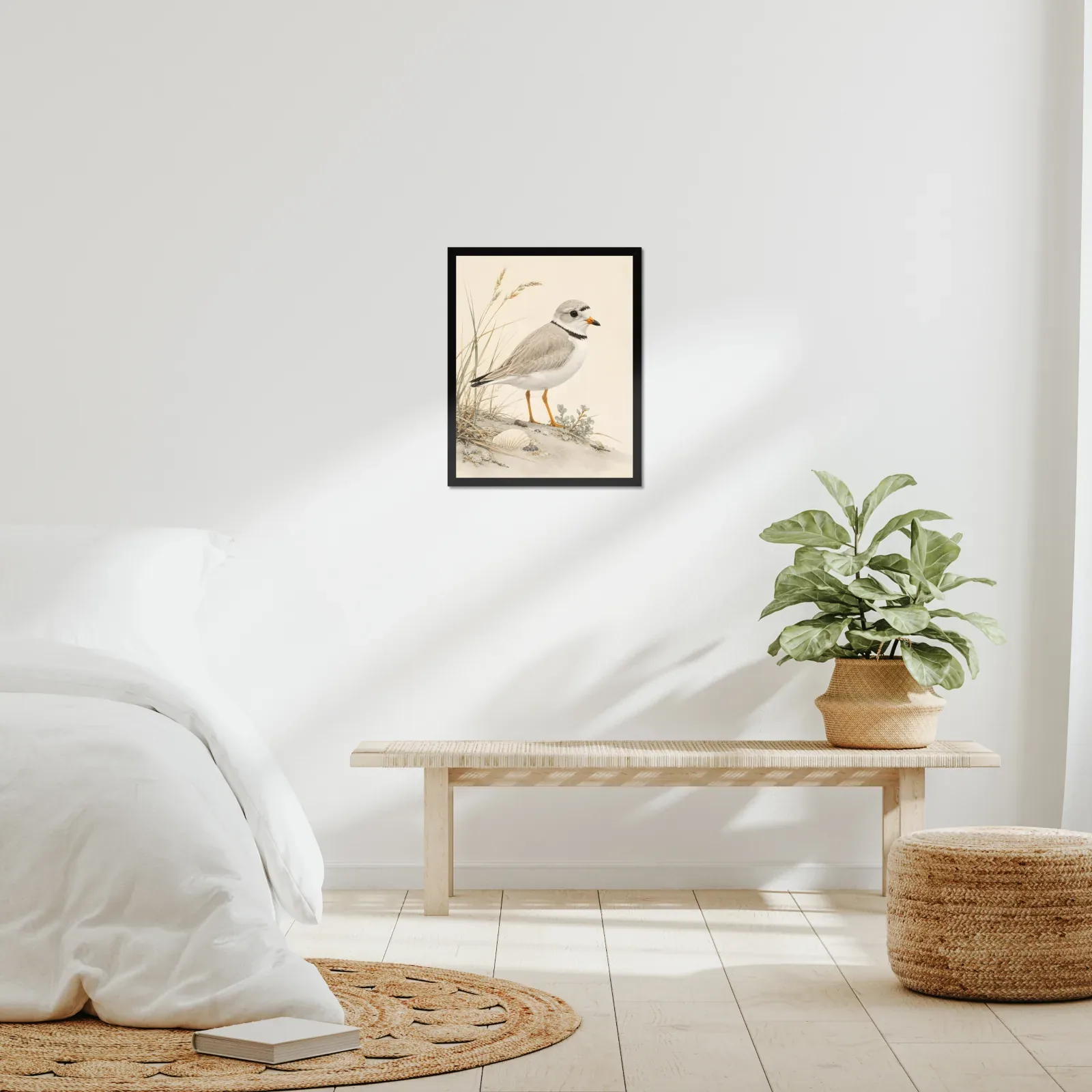 Piping Plover Print framed at 16x20 inches, shown on a wall to scale