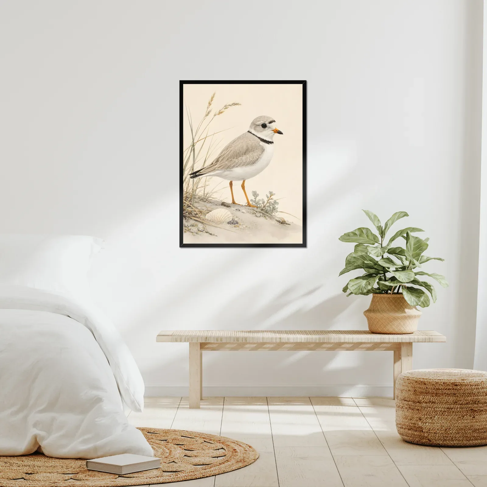 Piping Plover Print framed at 24x30 inches, shown on a wall to scale