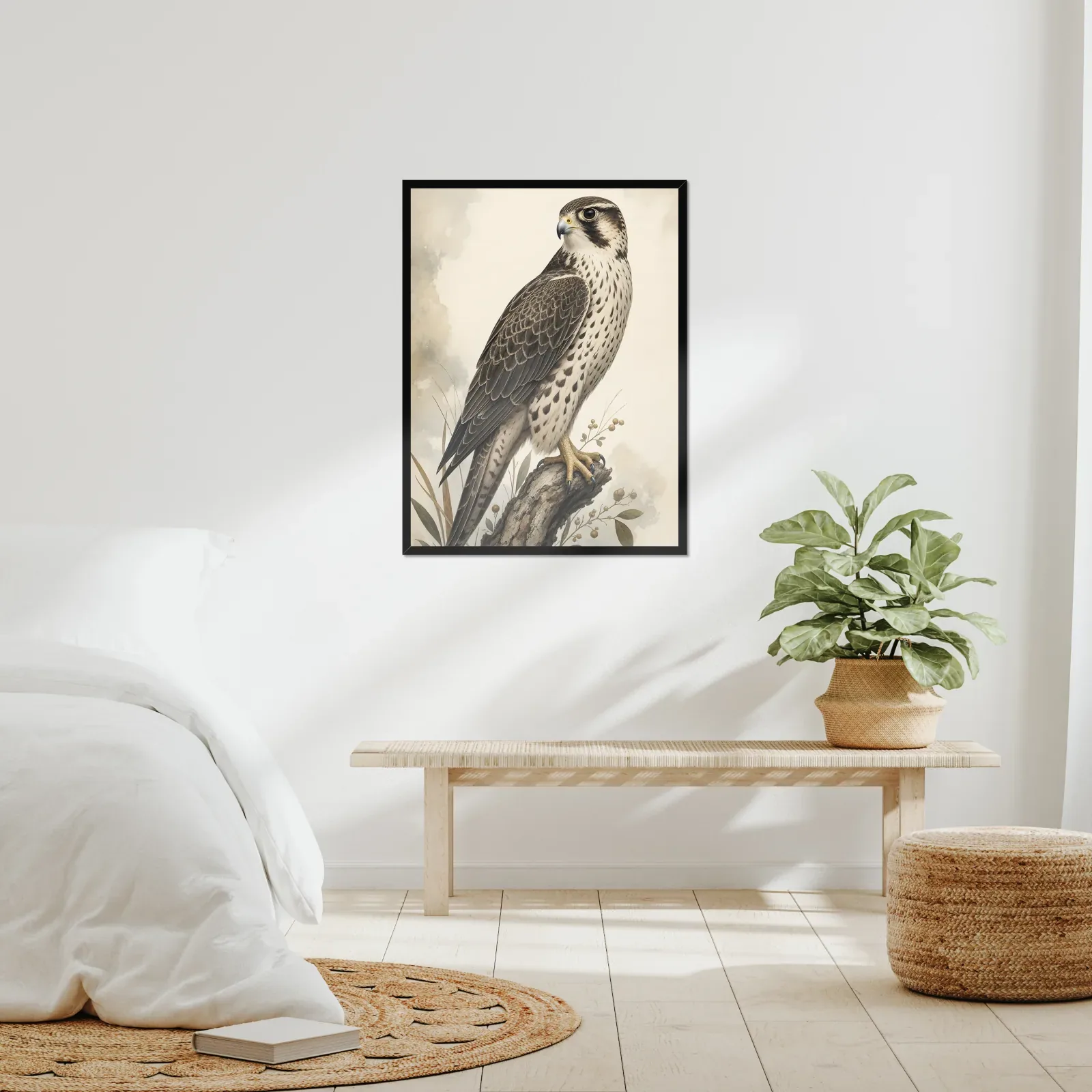 Prairie Falcon Print framed at 24x30 inches, shown on a wall to scale