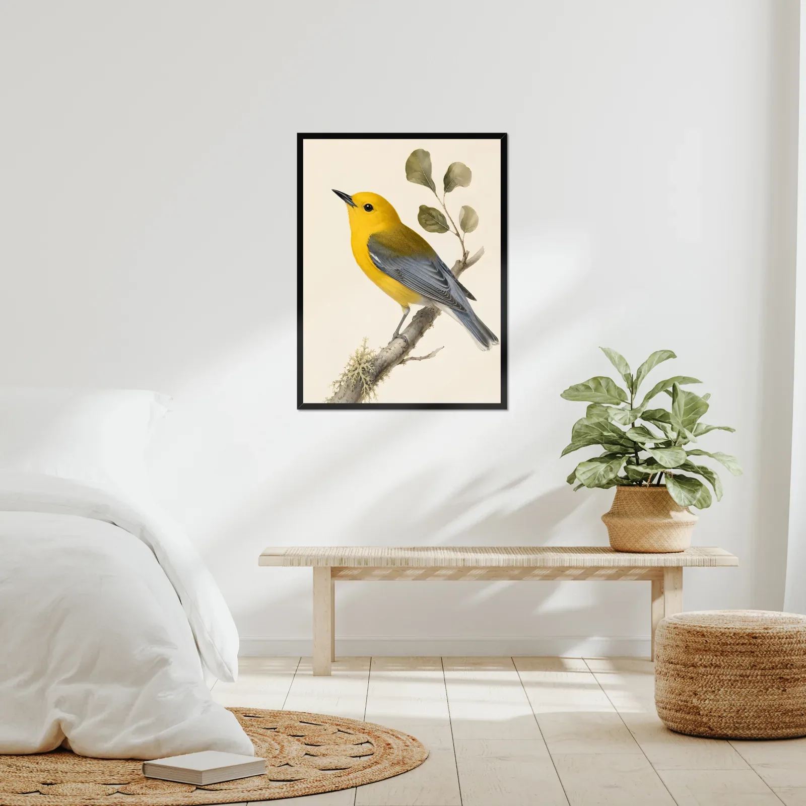 Prothonotary Warbler Print framed at 24x30 inches, shown on a wall to scale