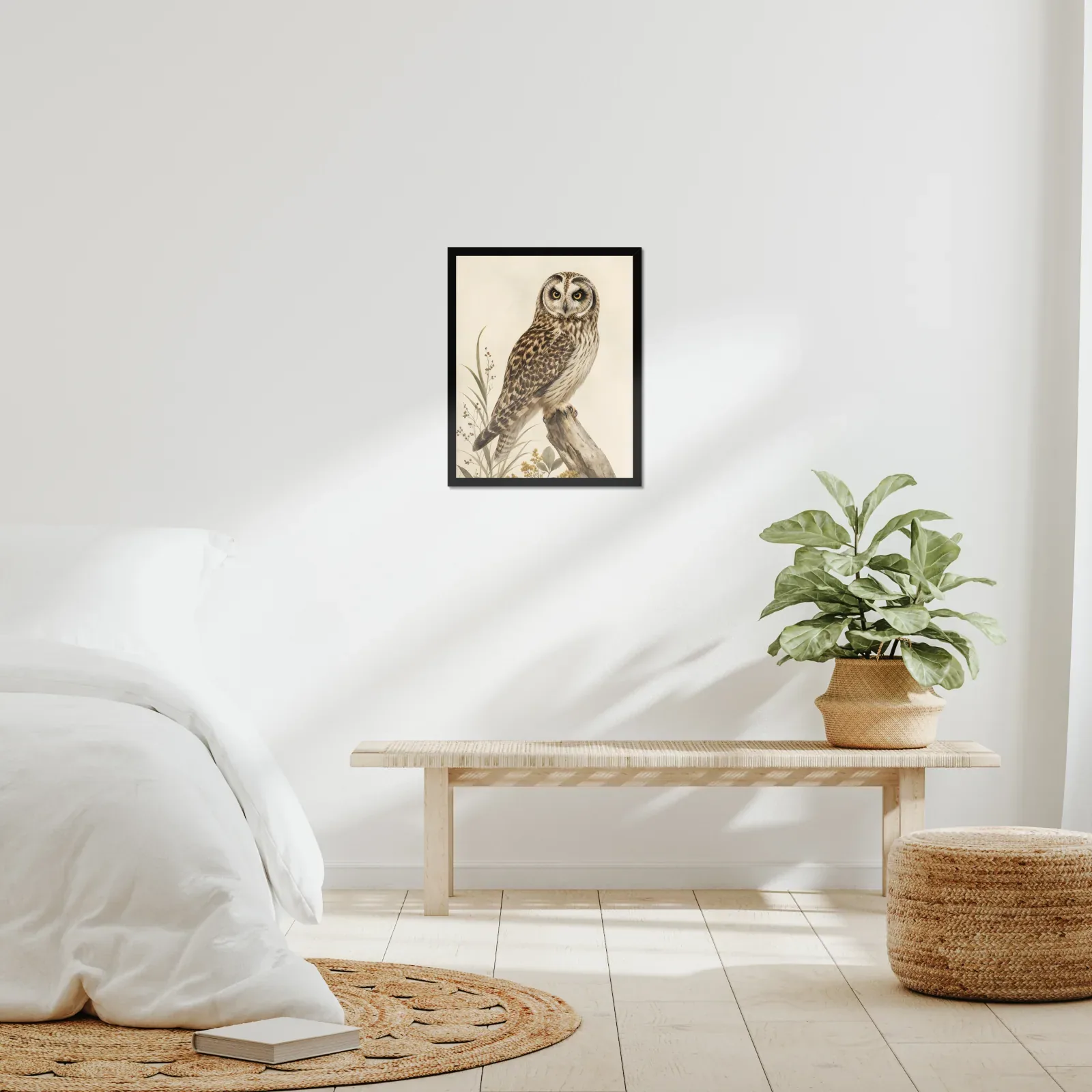 Pueo Print framed at 16x20 inches, shown on a wall to scale