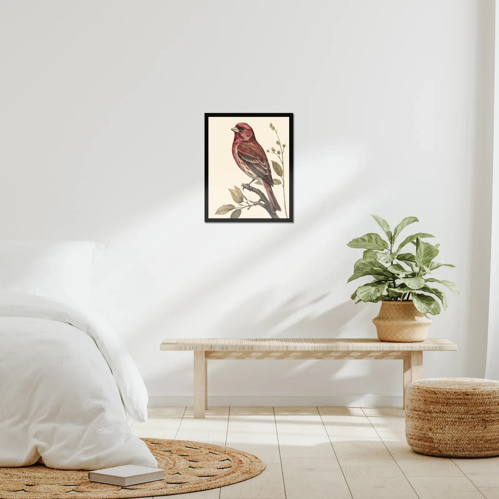 Purple Finch Print framed at 16x20 inches, shown on a wall to scale