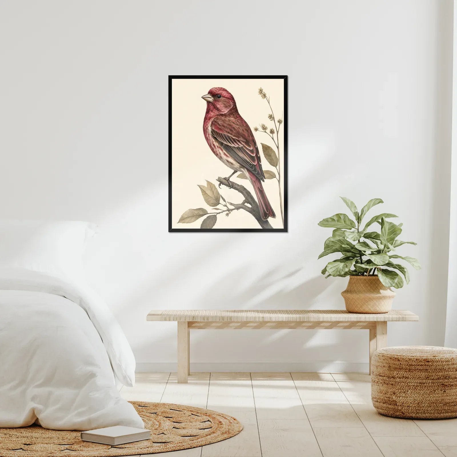 A framed bird print in a real room