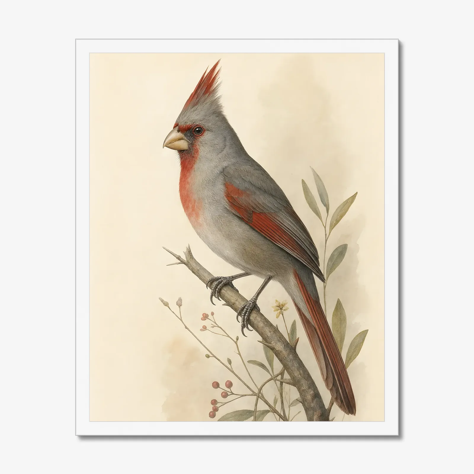 Pyrrhuloxia Print in a white frame