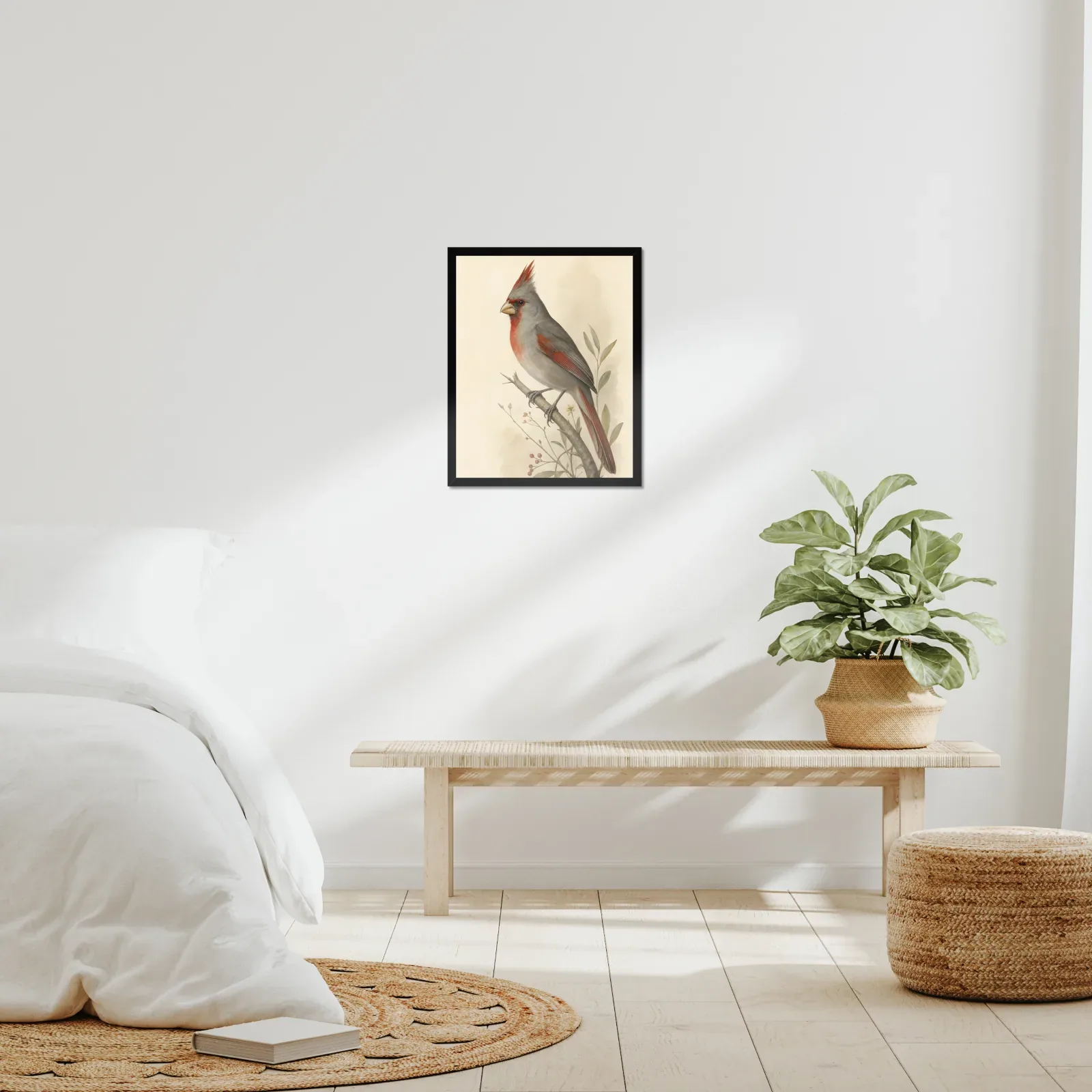 Pyrrhuloxia Print framed at 16x20 inches, shown on a wall to scale