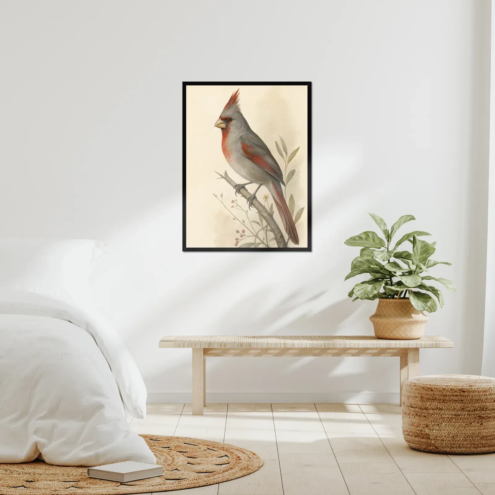 Pyrrhuloxia Print framed at 24x30 inches, shown on a wall to scale