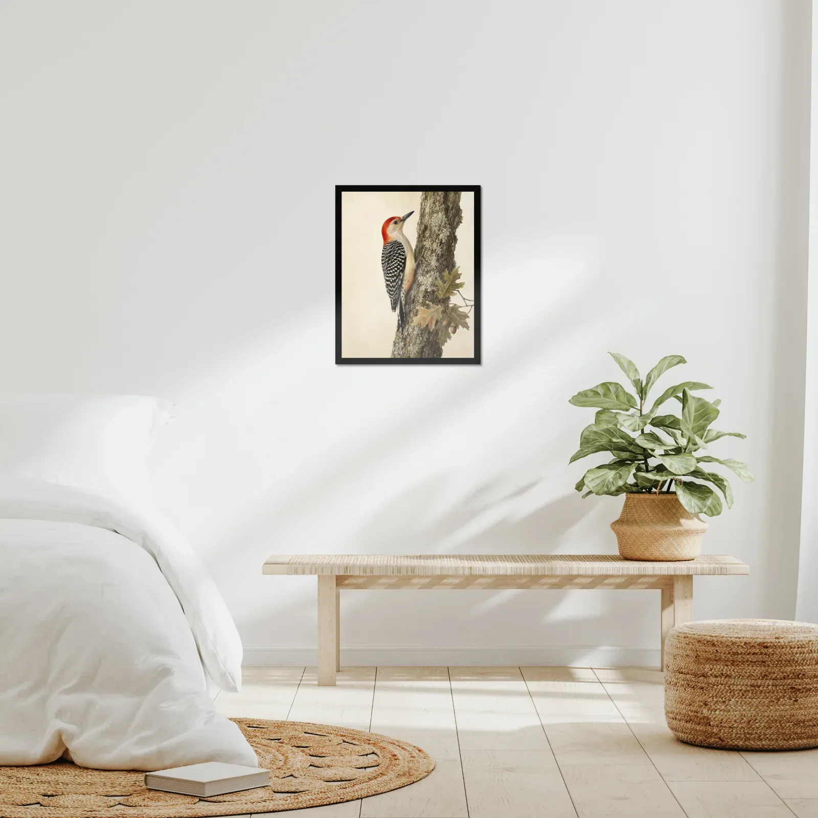 Red-bellied Woodpecker Print framed at 16x20 inches, shown on a wall to scale