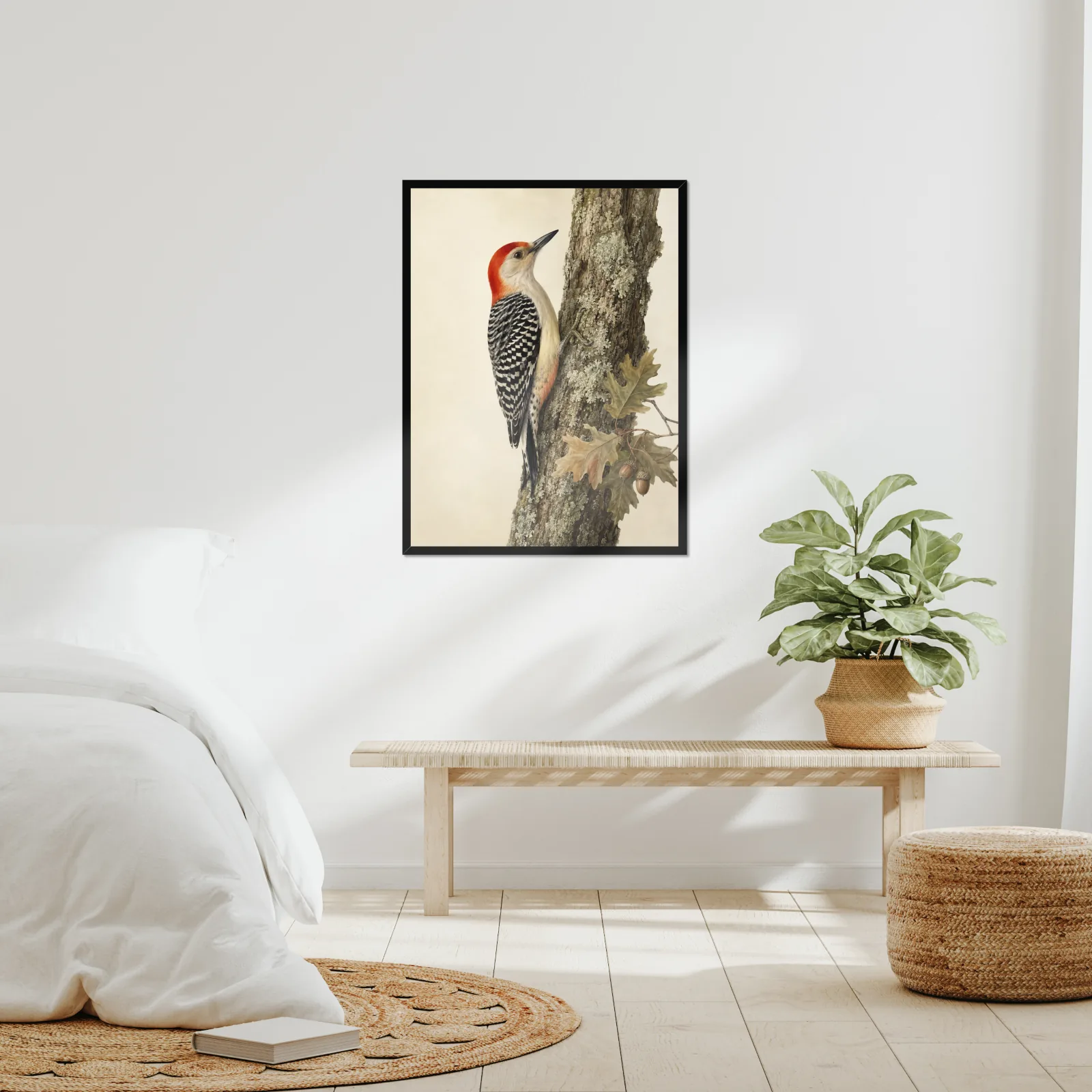 Red-bellied Woodpecker Print framed at 24x30 inches, shown on a wall to scale