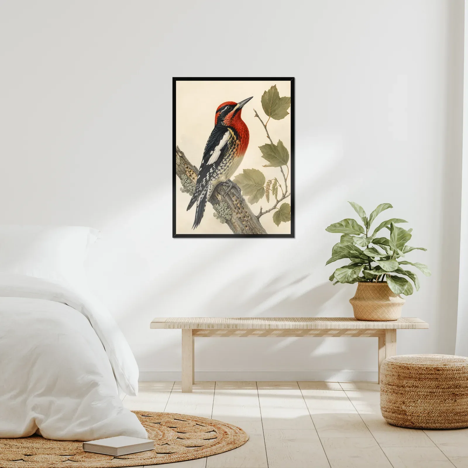 Red-breasted Sapsucker Print framed at 24x30 inches, shown on a wall to scale