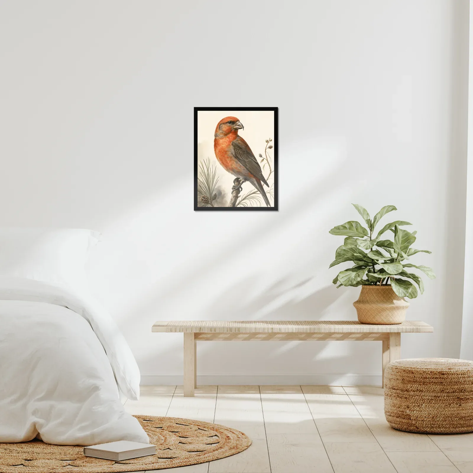 Red Crossbill Print framed at 16x20 inches, shown on a wall to scale