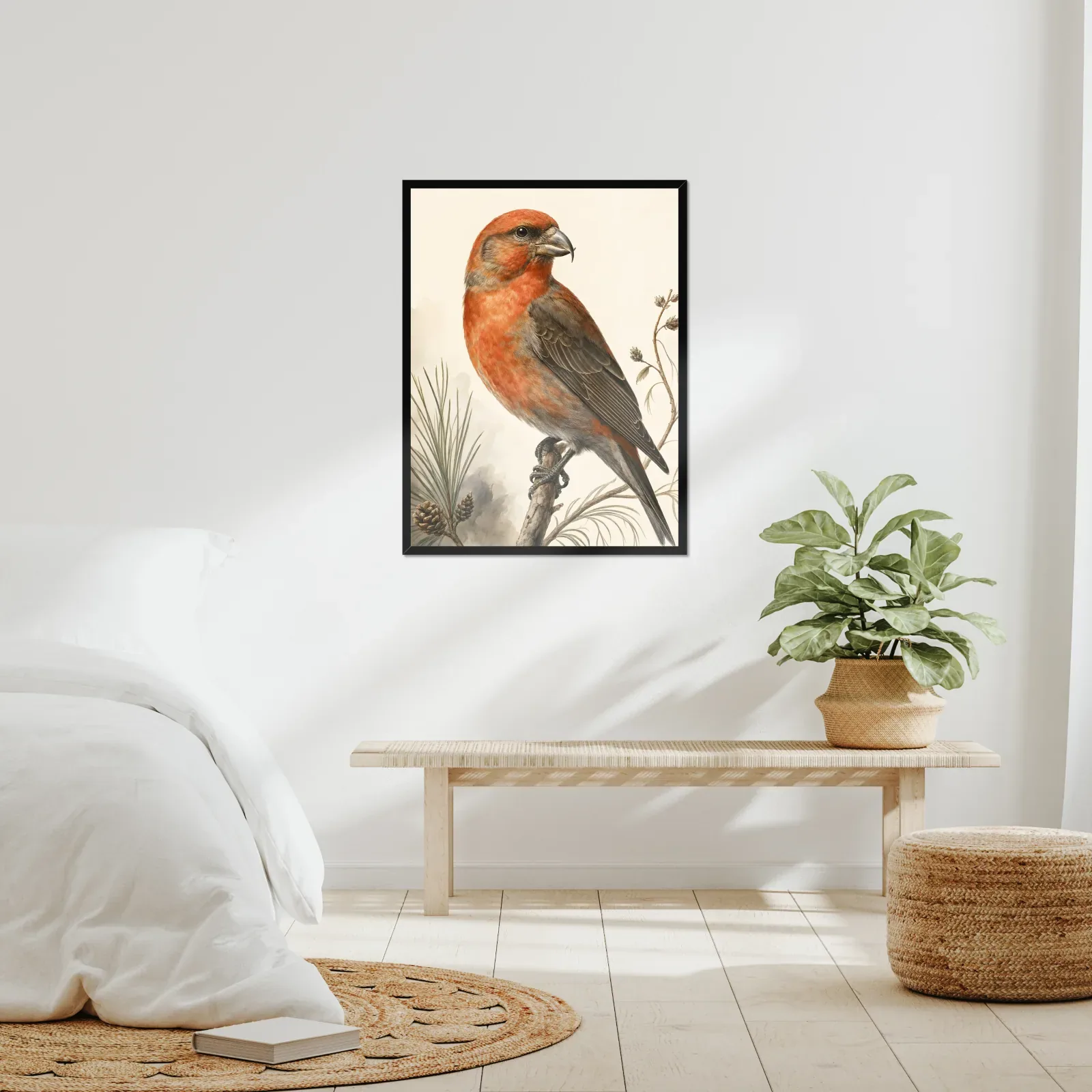 Red Crossbill Print framed at 24x30 inches, shown on a wall to scale