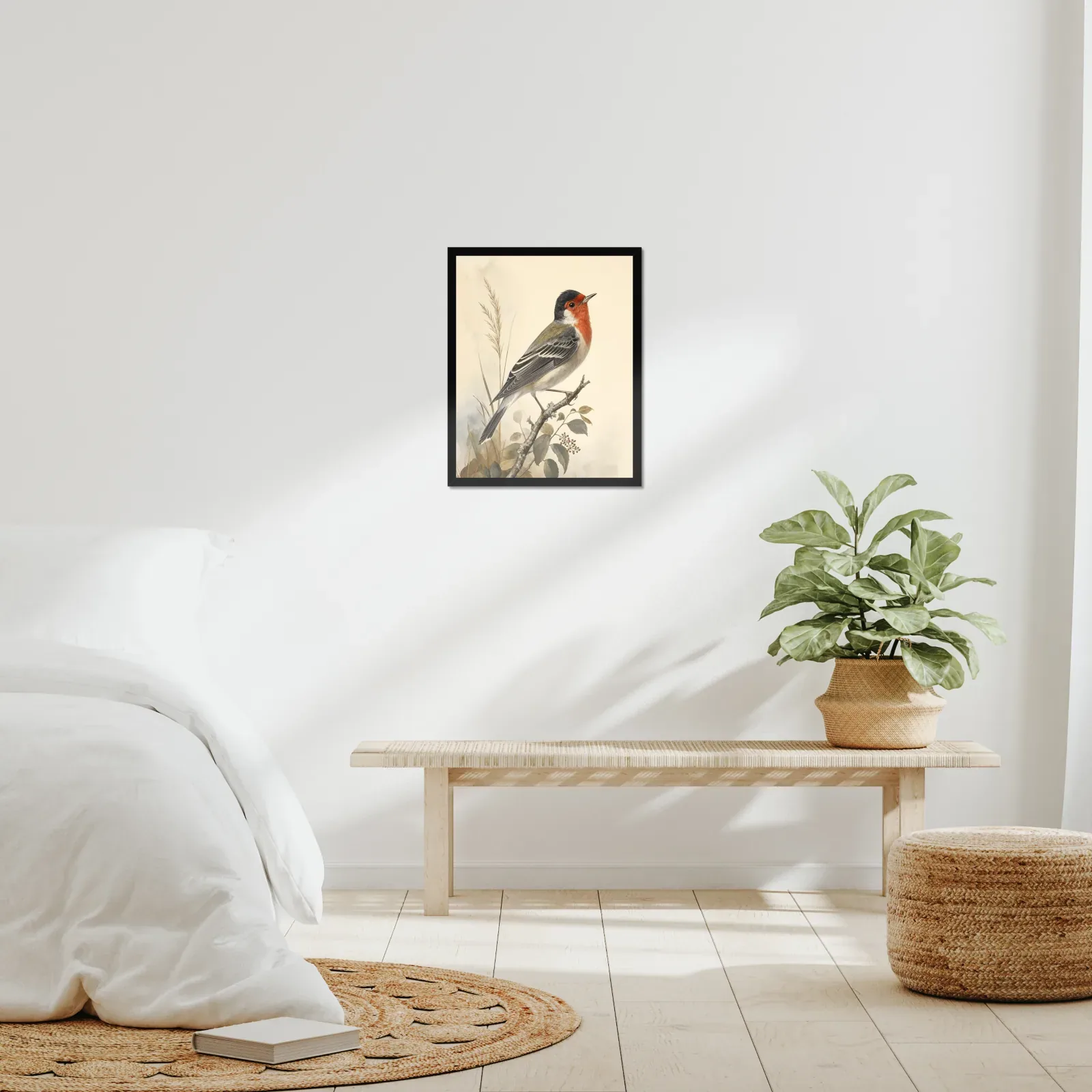 Red-faced Warbler Print framed at 16x20 inches, shown on a wall to scale