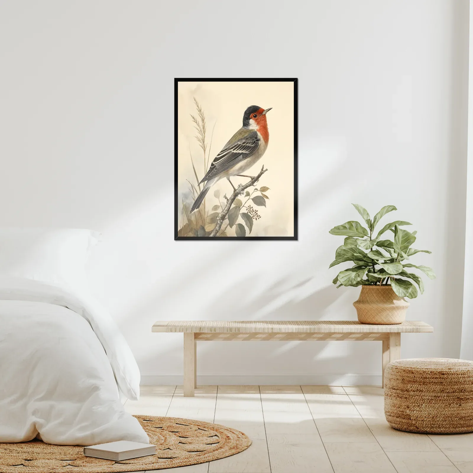 Red-faced Warbler Print framed at 24x30 inches, shown on a wall to scale