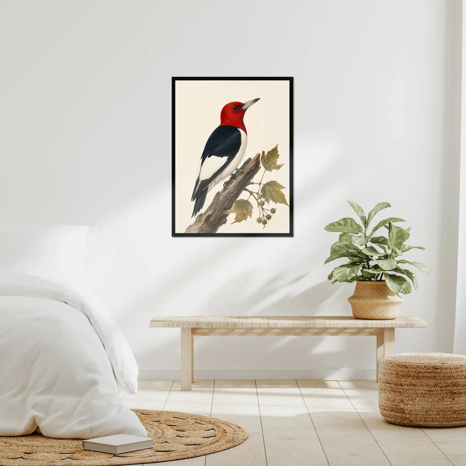 Red-headed Woodpecker Print framed at 24x30 inches, shown on a wall to scale