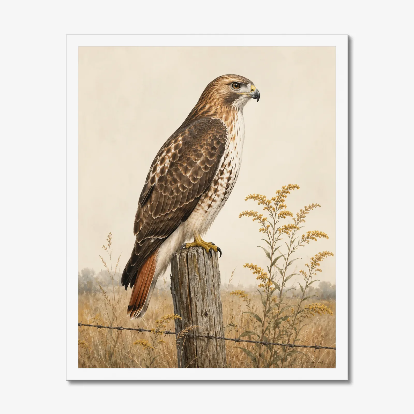 Red-tailed Hawk Print in a white frame