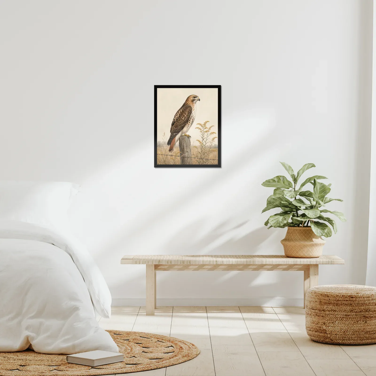 Red-tailed Hawk Print framed at 16x20 inches, shown on a wall to scale