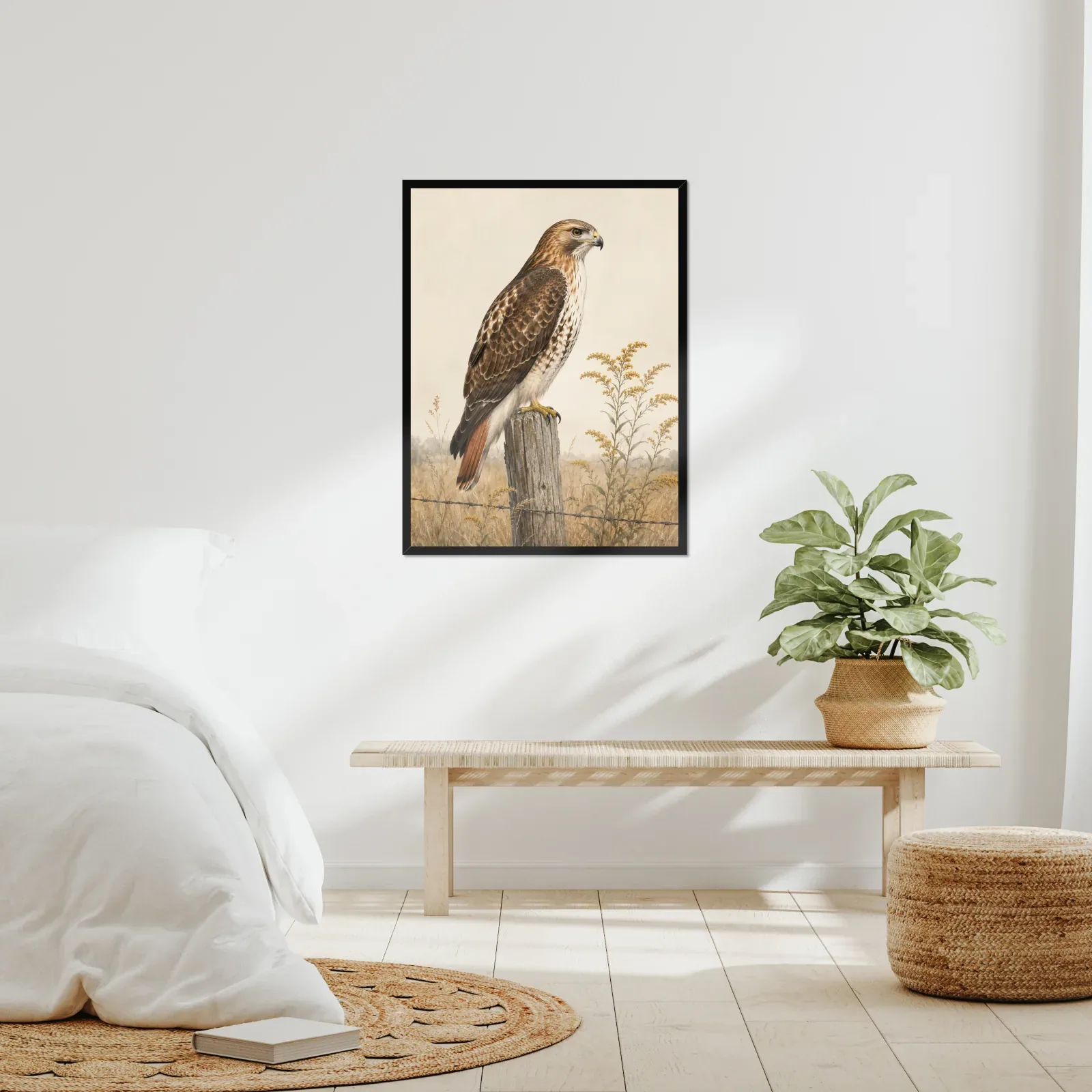 Red-tailed Hawk Print framed at 24x30 inches, shown on a wall to scale
