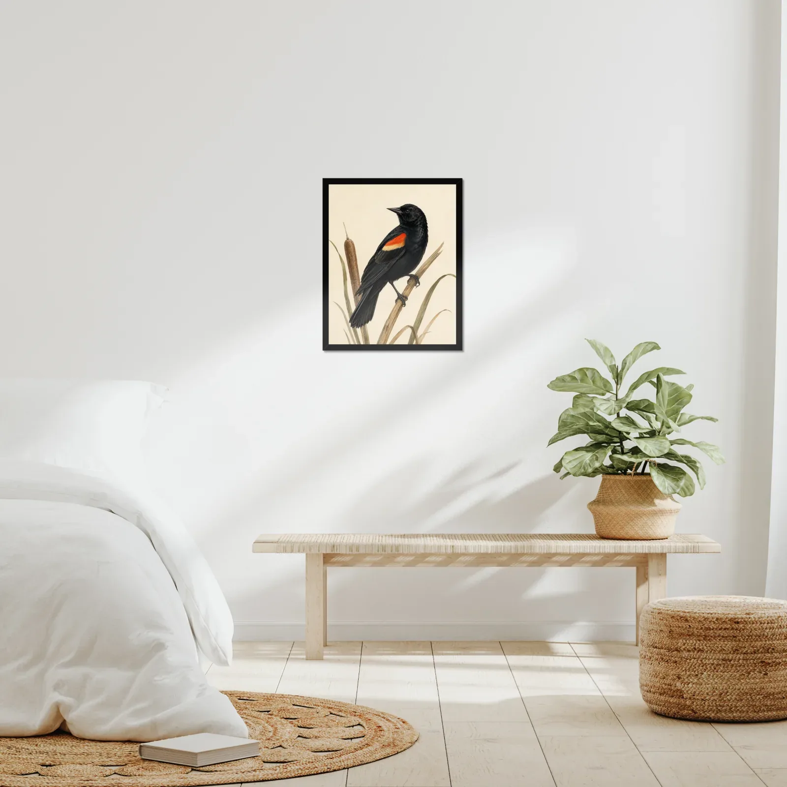 Red-winged Blackbird Print framed at 16x20 inches, shown on a wall to scale