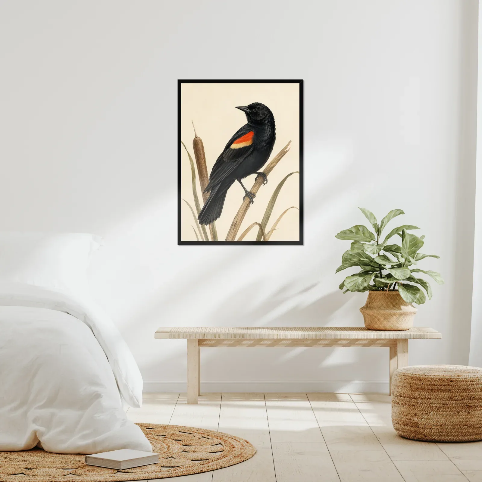 Red-winged Blackbird Print framed at 24x30 inches, shown on a wall to scale