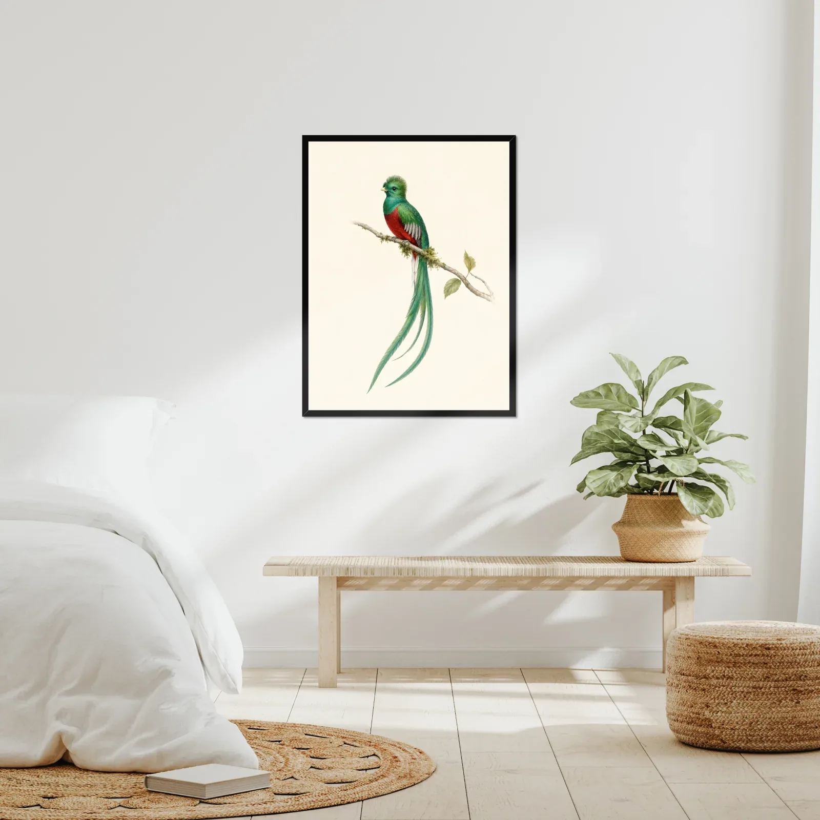 Resplendent Quetzal Print framed at 24x30 inches, shown on a wall to scale