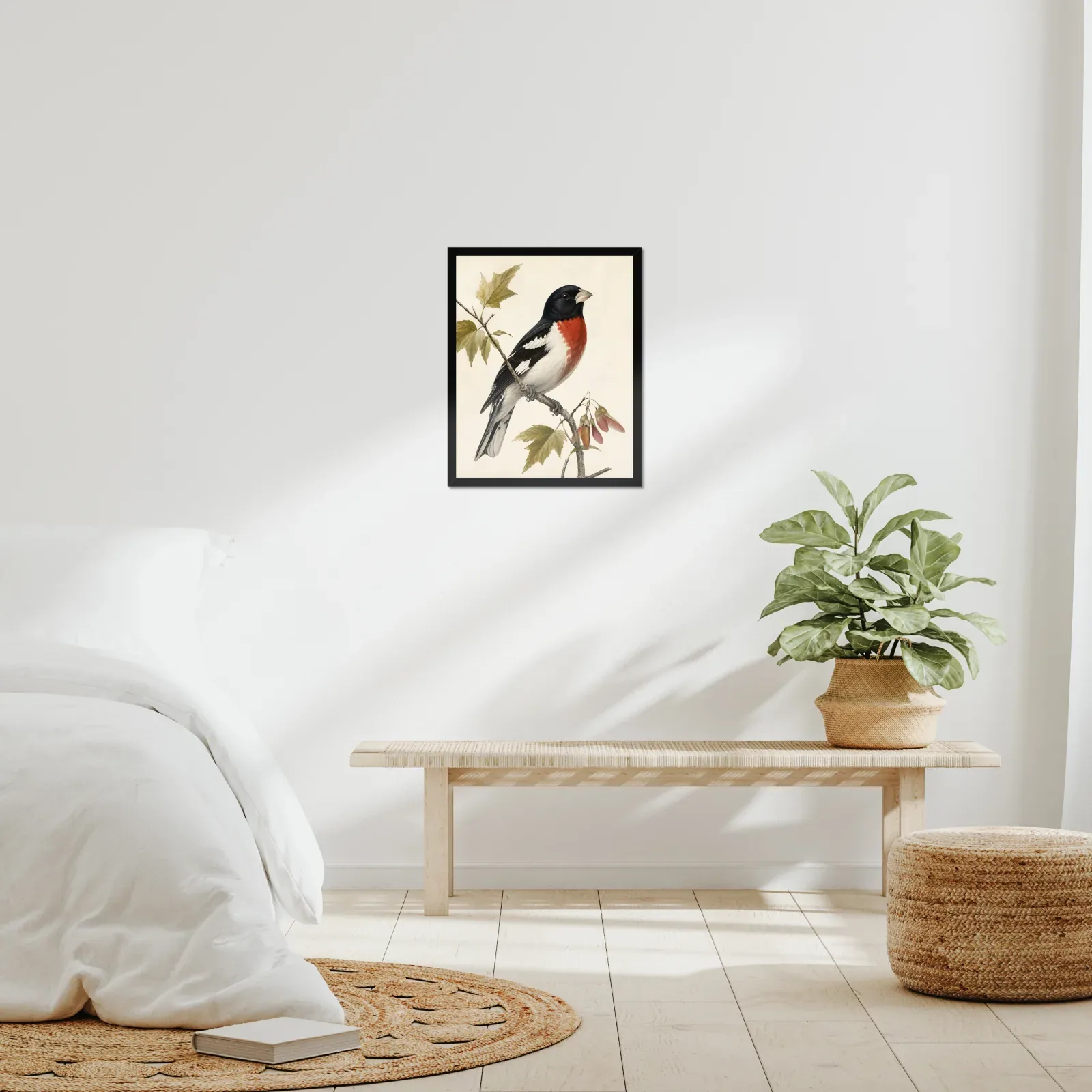 Rose-breasted Grosbeak Print framed at 16x20 inches, shown on a wall to scale