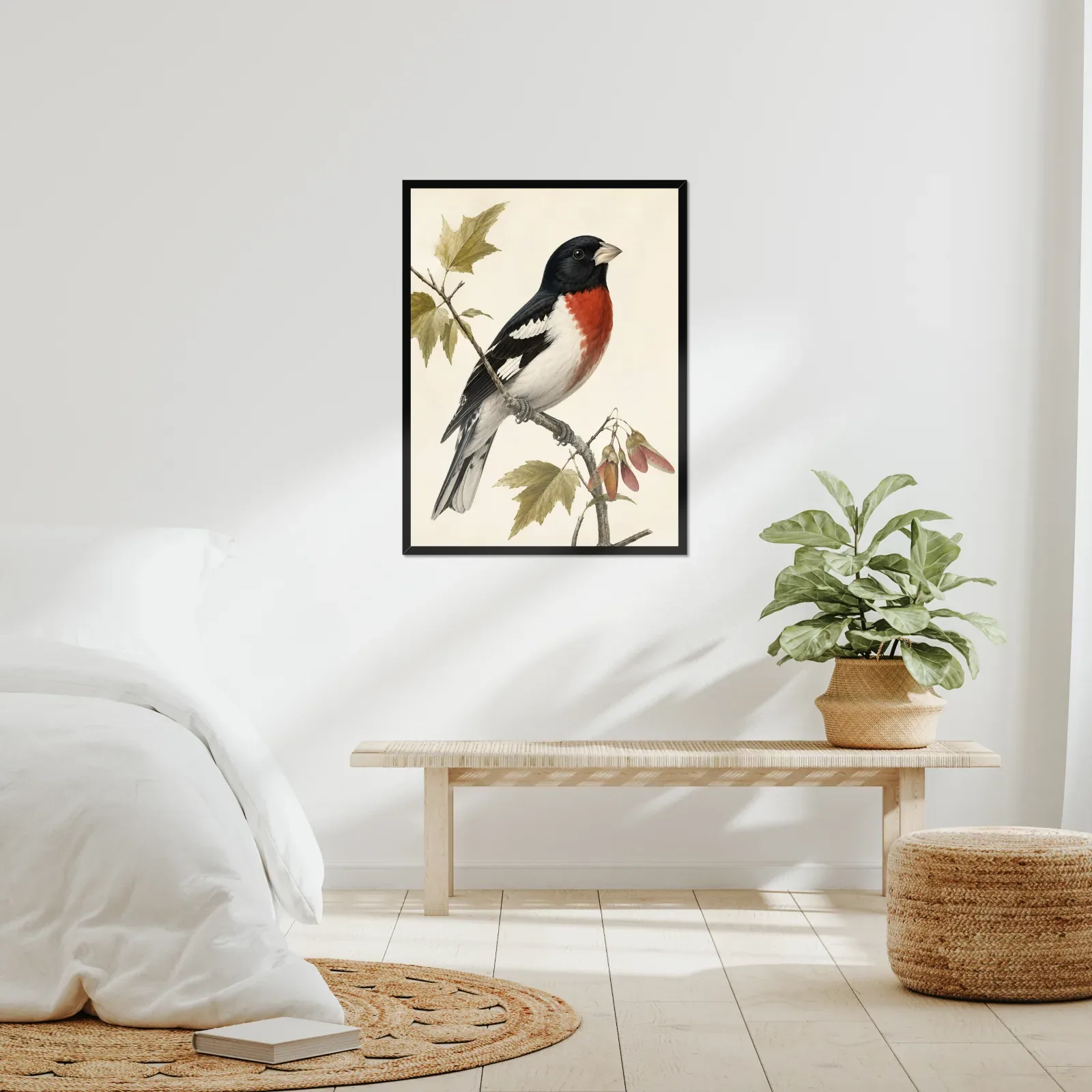 Rose-breasted Grosbeak Print framed at 24x30 inches, shown on a wall to scale