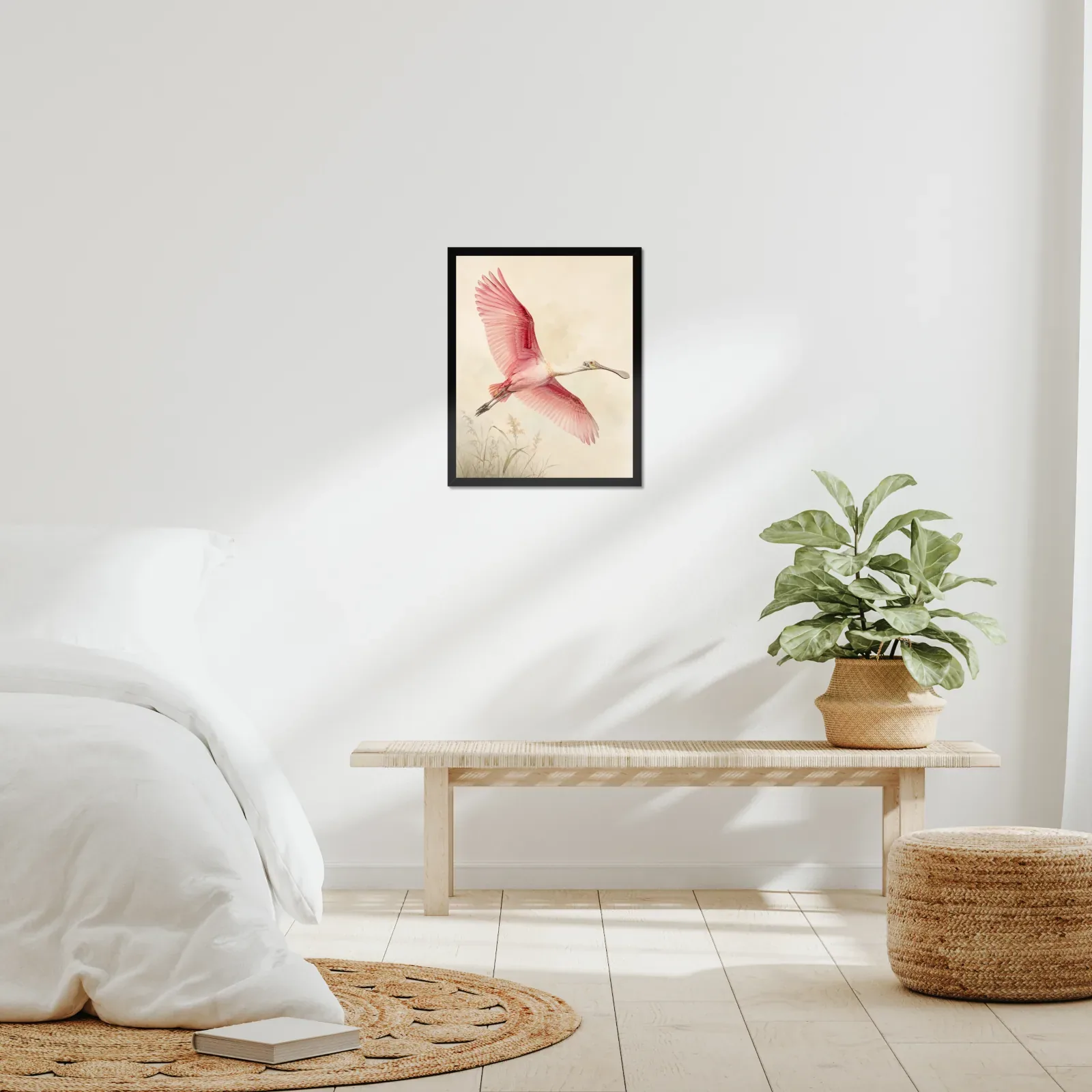 Roseate Spoonbill Print - In Flight framed at 16x20 inches, shown on a wall to scale