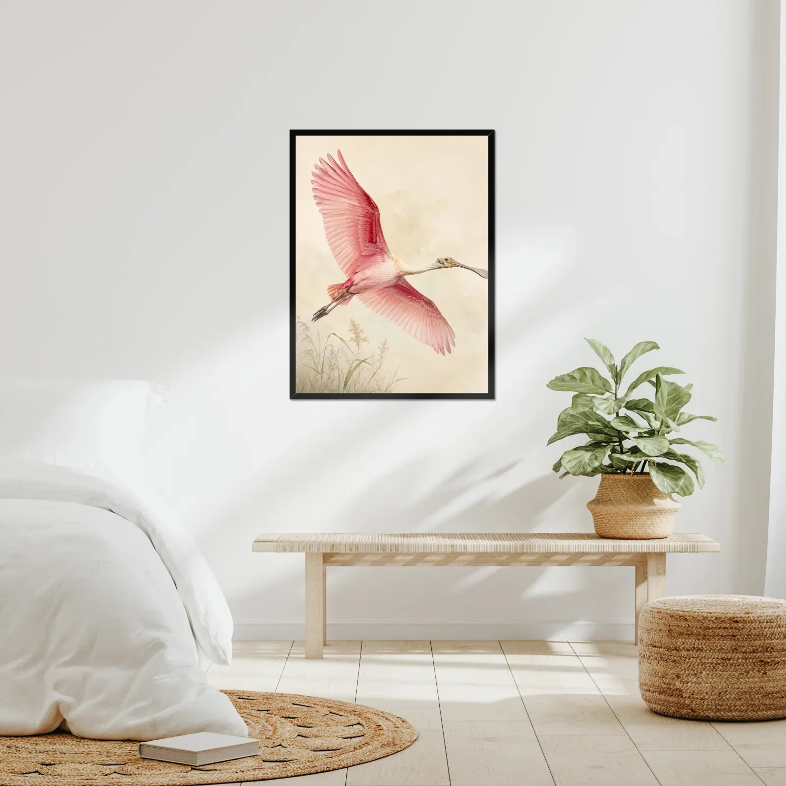 Roseate Spoonbill Print - In Flight framed at 24x30 inches, shown on a wall to scale