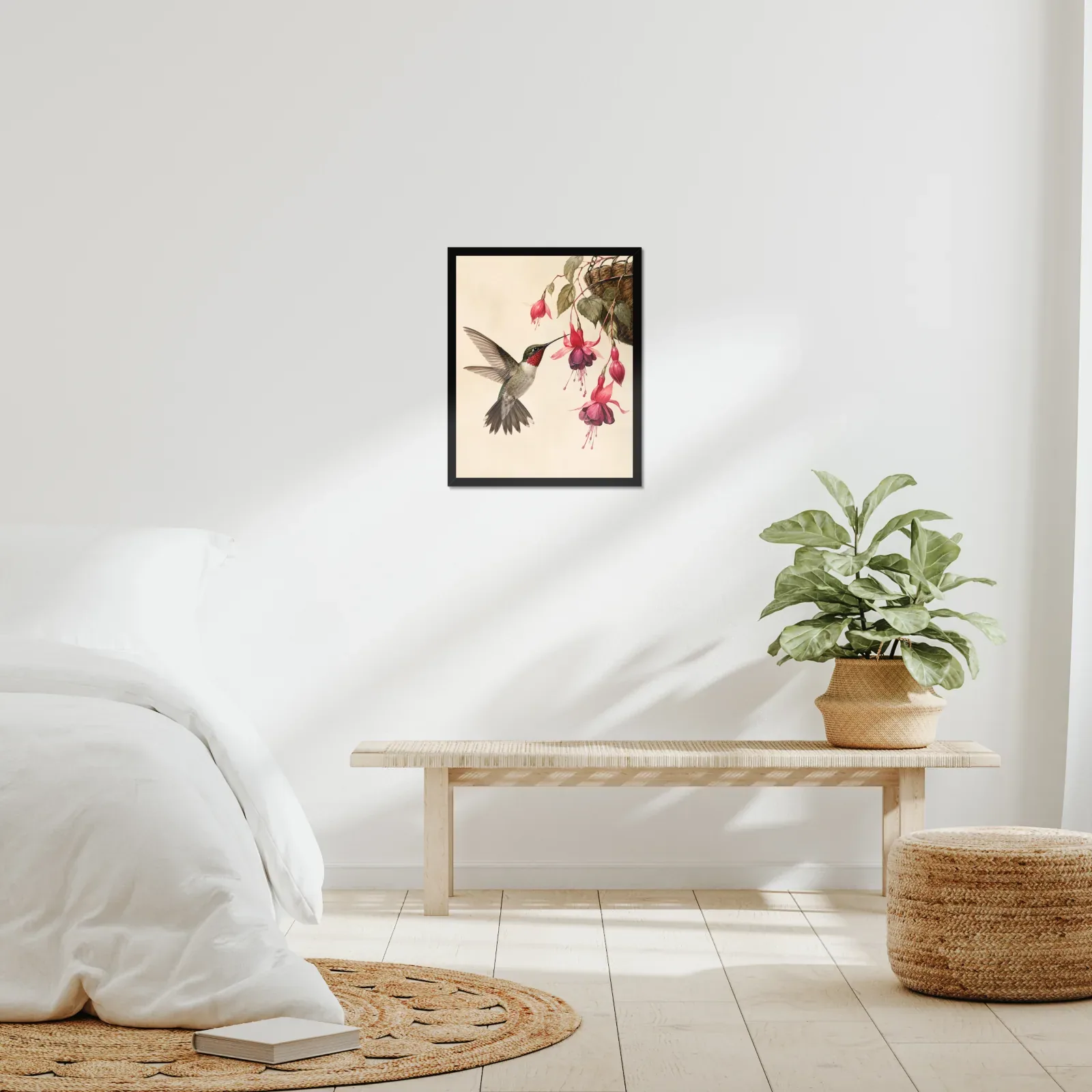 Ruby-throated Hummingbird at Fuchsia Print framed at 16x20 inches, shown on a wall to scale
