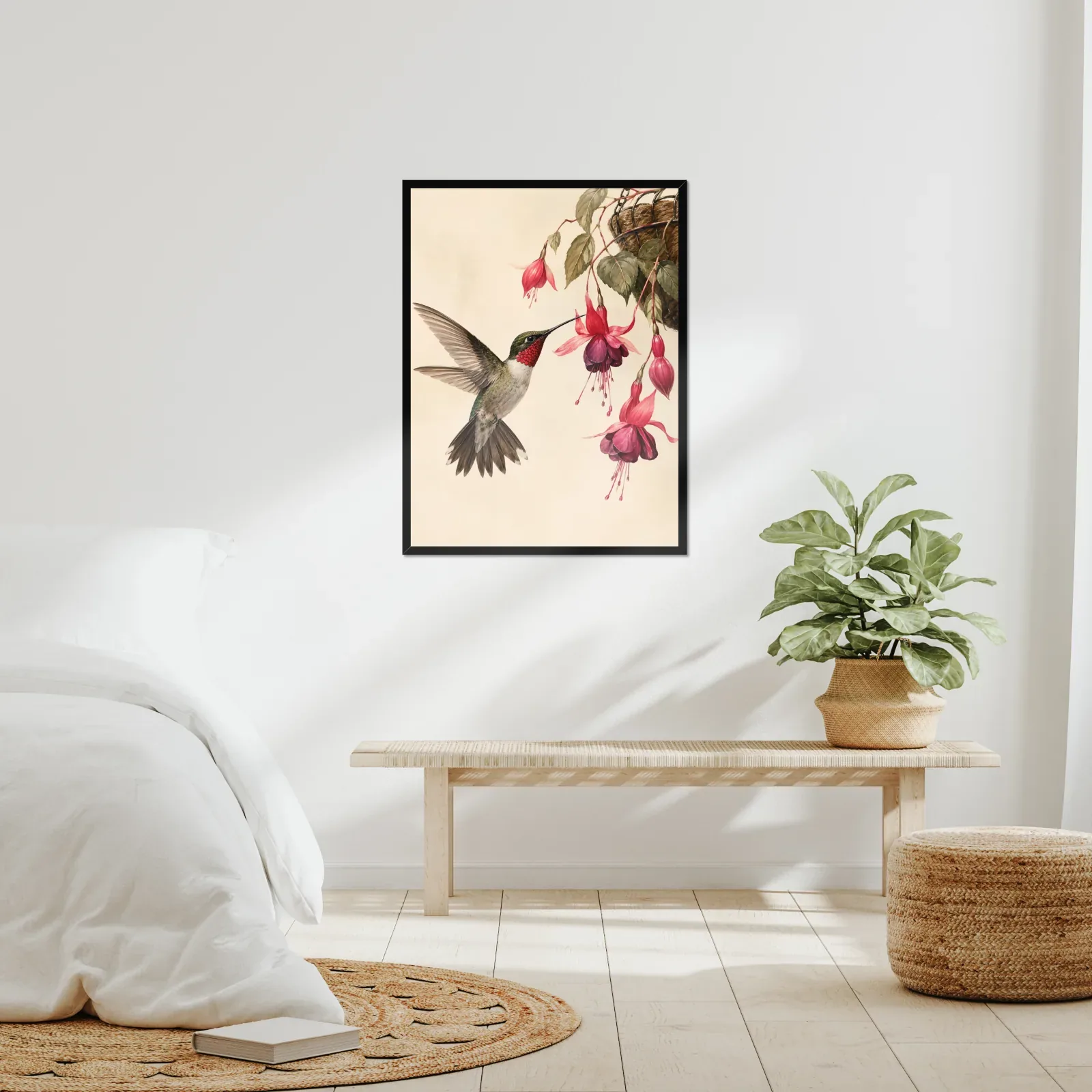 Ruby-throated Hummingbird at Fuchsia Print framed at 24x30 inches, shown on a wall to scale