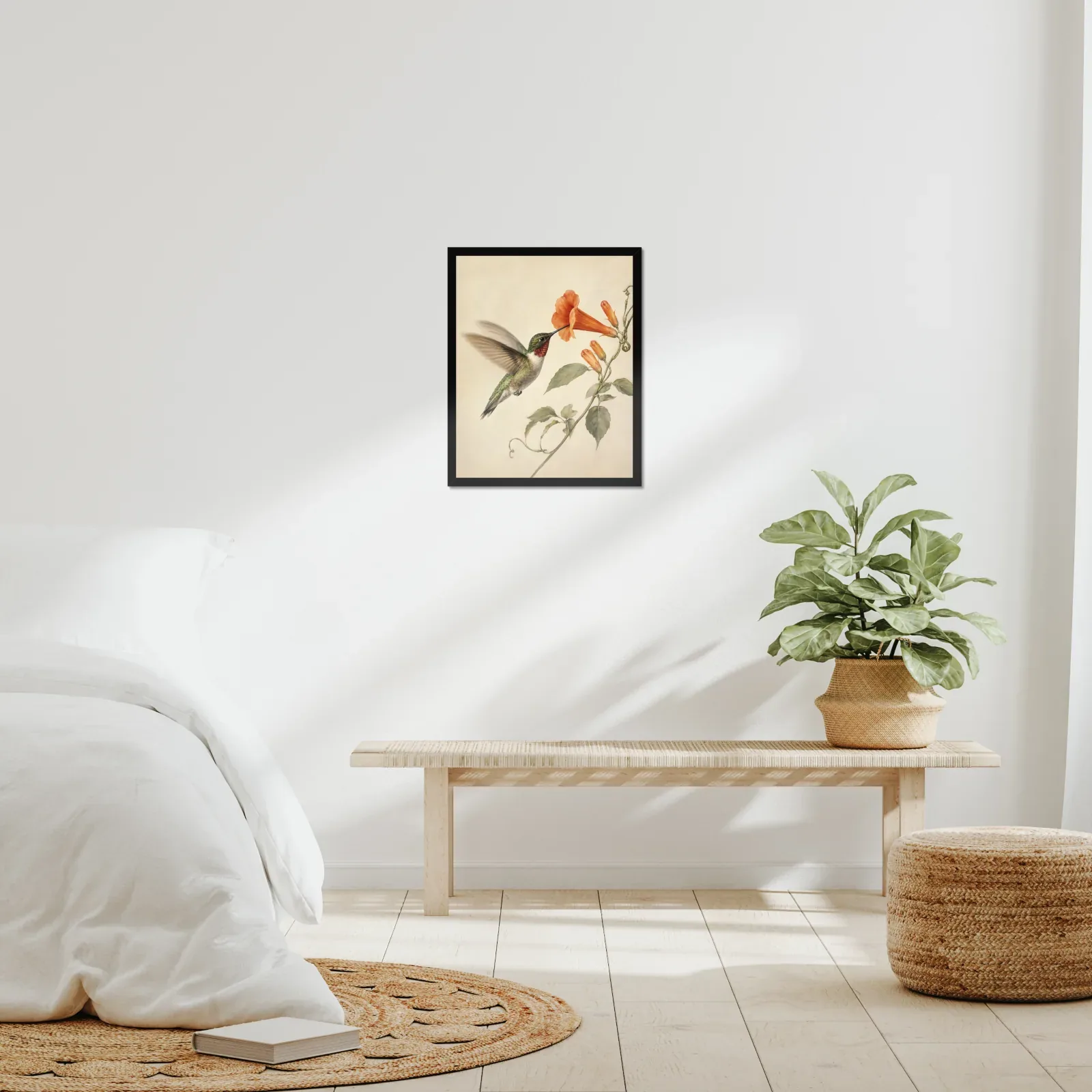 Ruby-throated Hummingbird at Trumpet Vine Print framed at 16x20 inches, shown on a wall to scale