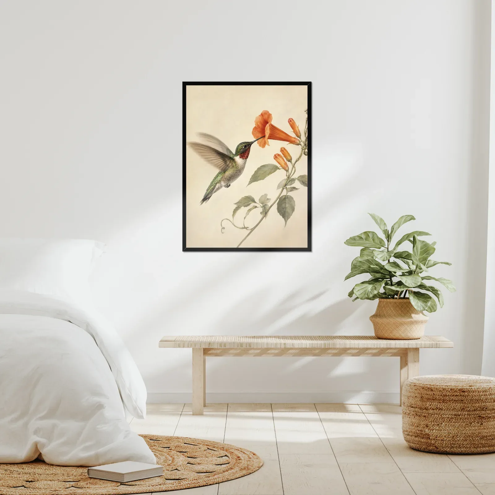 Ruby-throated Hummingbird at Trumpet Vine Print framed at 24x30 inches, shown on a wall to scale
