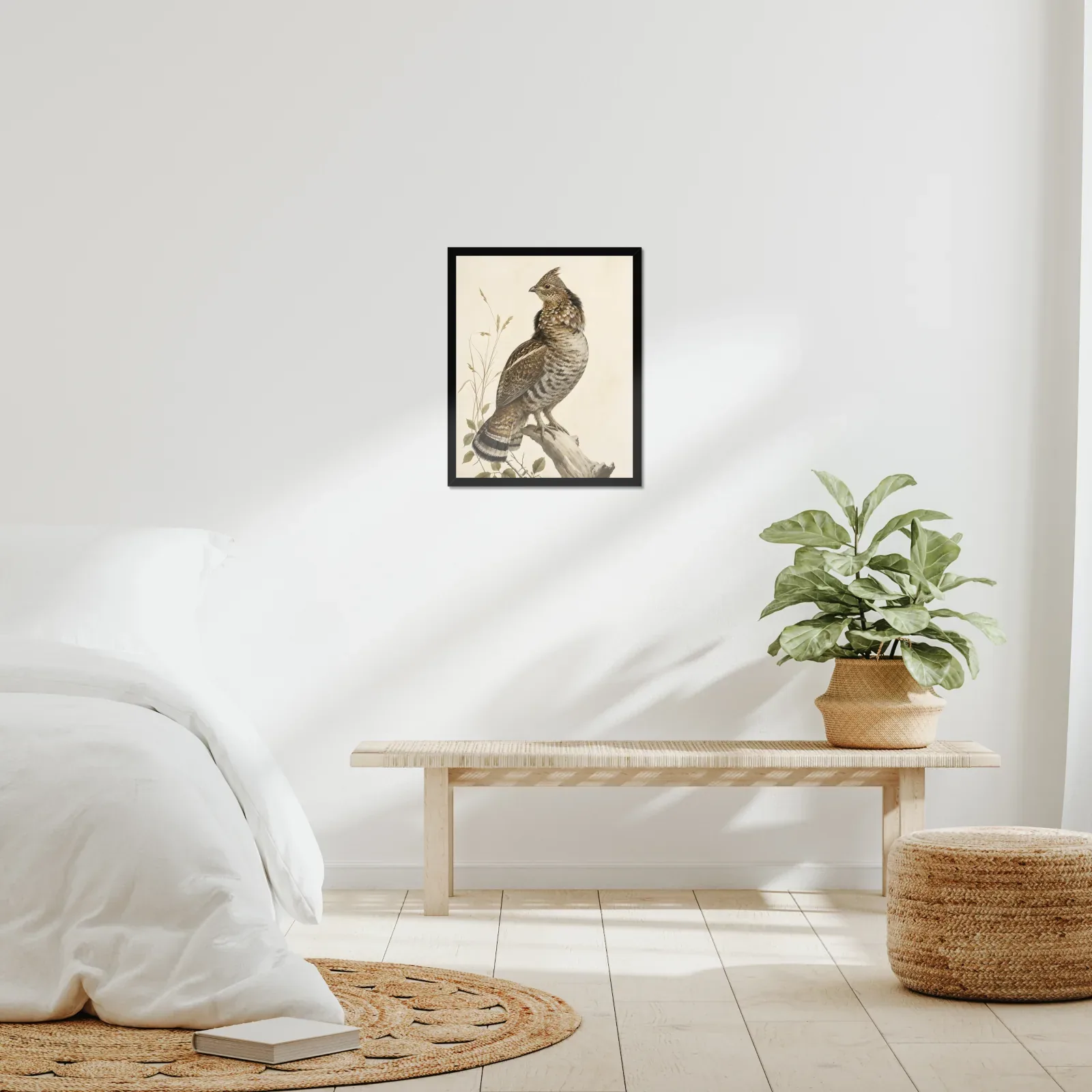 Ruffed Grouse Print framed at 16x20 inches, shown on a wall to scale