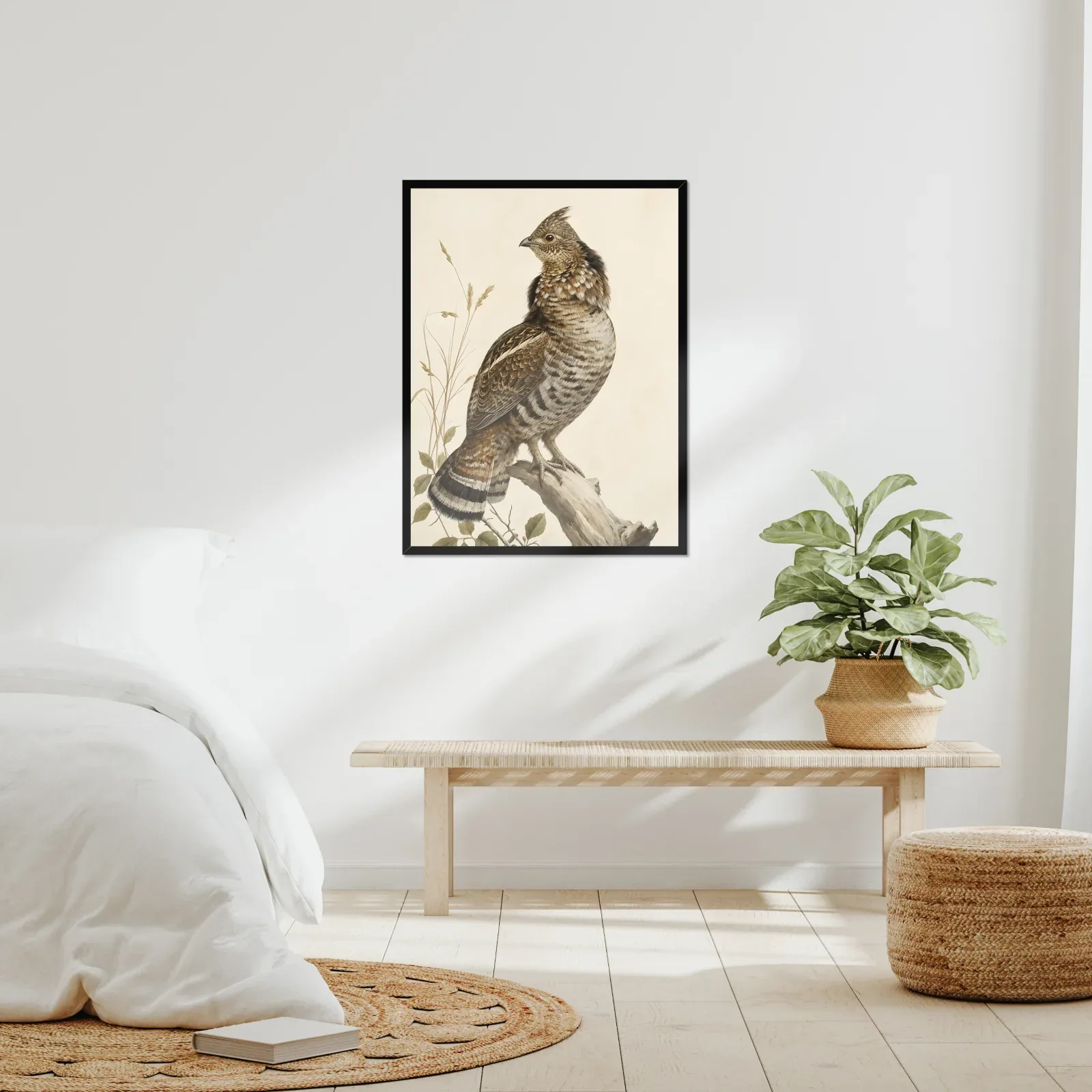 A framed bird print in a real room