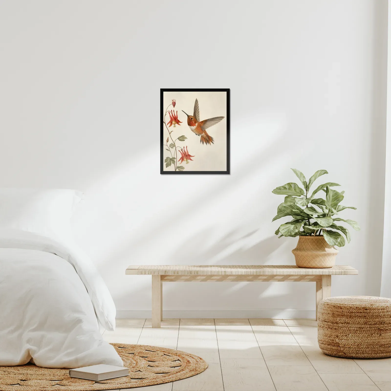 Rufous Hummingbird Print framed at 16x20 inches, shown on a wall to scale