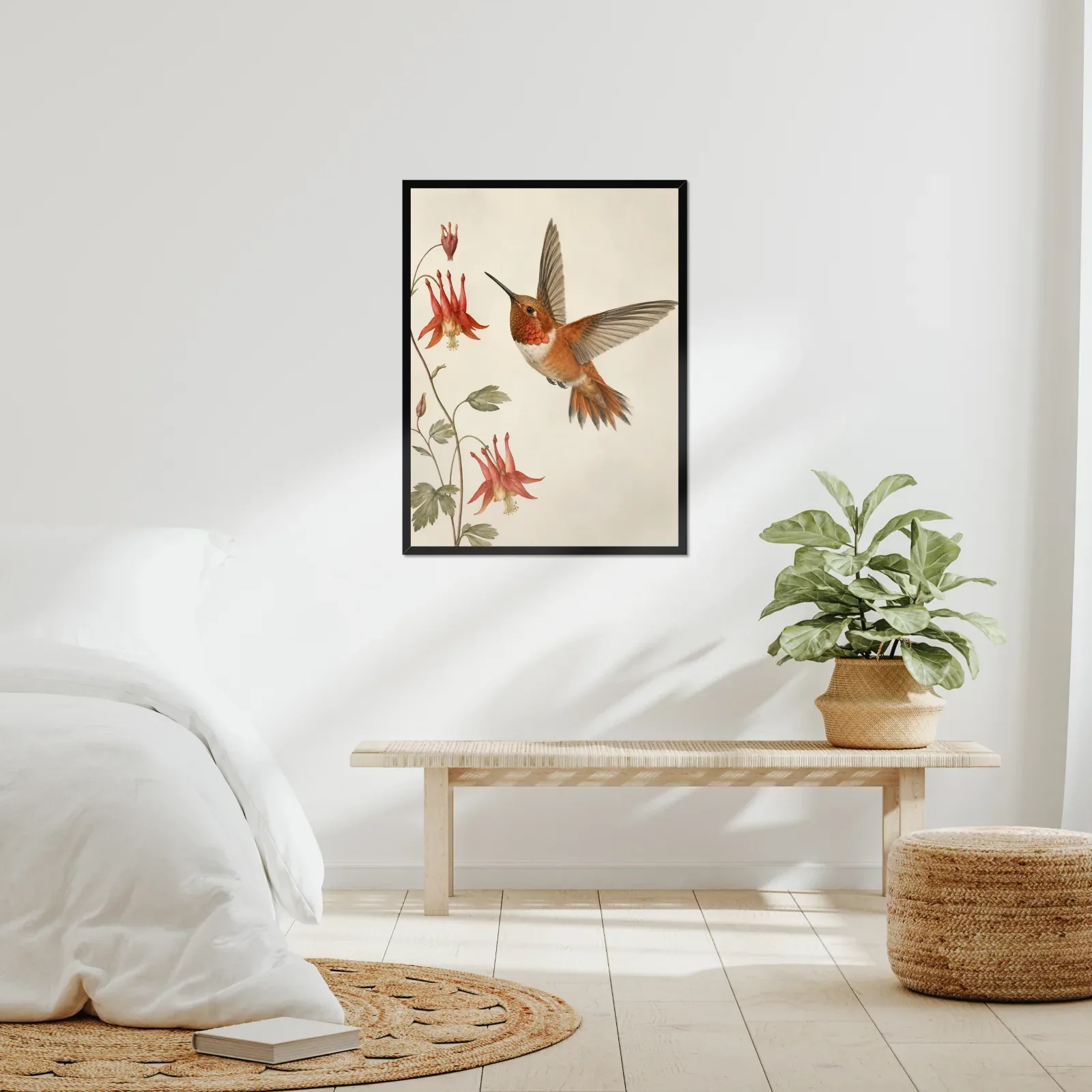 Rufous Hummingbird Print framed at 24x30 inches, shown on a wall to scale